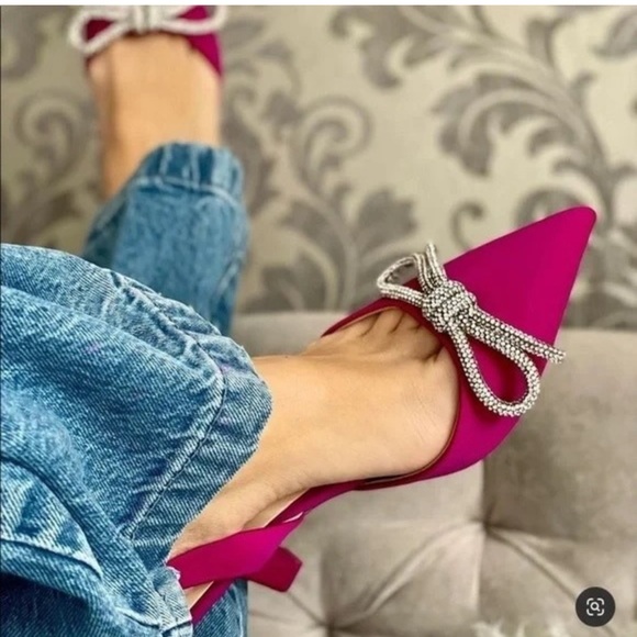ZARA Fuchsia Pink Satin Embellished Crystal Bow Sling Back Heels - Picture 6 of 16